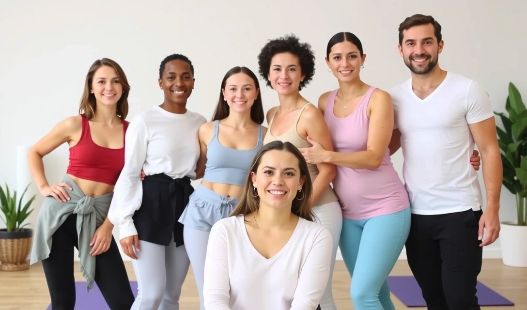 A diverse group of yoga instructors posing together in a bright, modern studio.