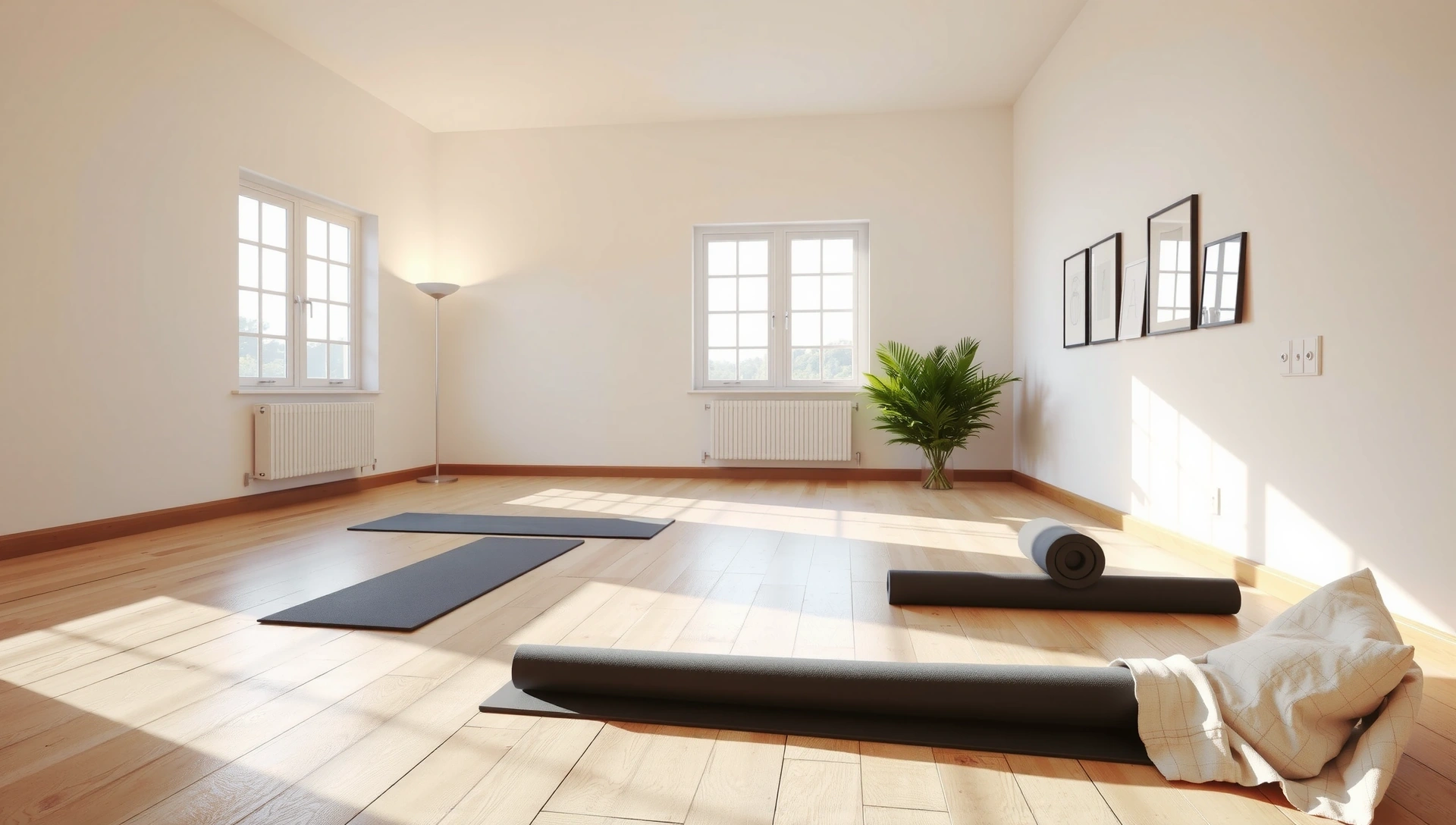 Serene yoga studio interior with soft lighting and natural elements