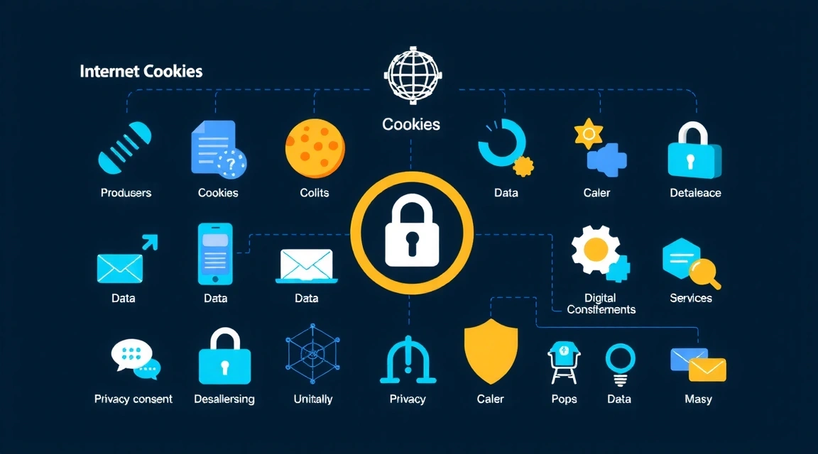 A graphic illustrating various types of cookies and data flow, symbolizing privacy and digital consent