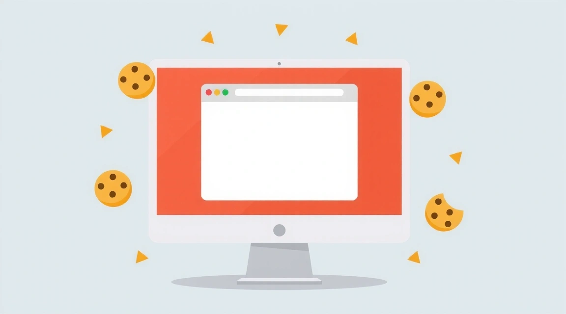 Digital illustration of a browser window with small cookie icons floating around, representing data storage