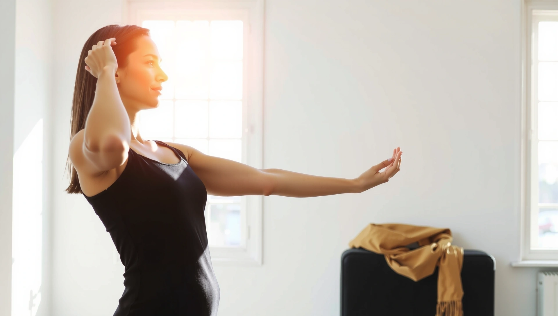 A serene woman practicing yoga at sunrise, with a gentle glow and peaceful expression, representing inner tranquility and harmony.