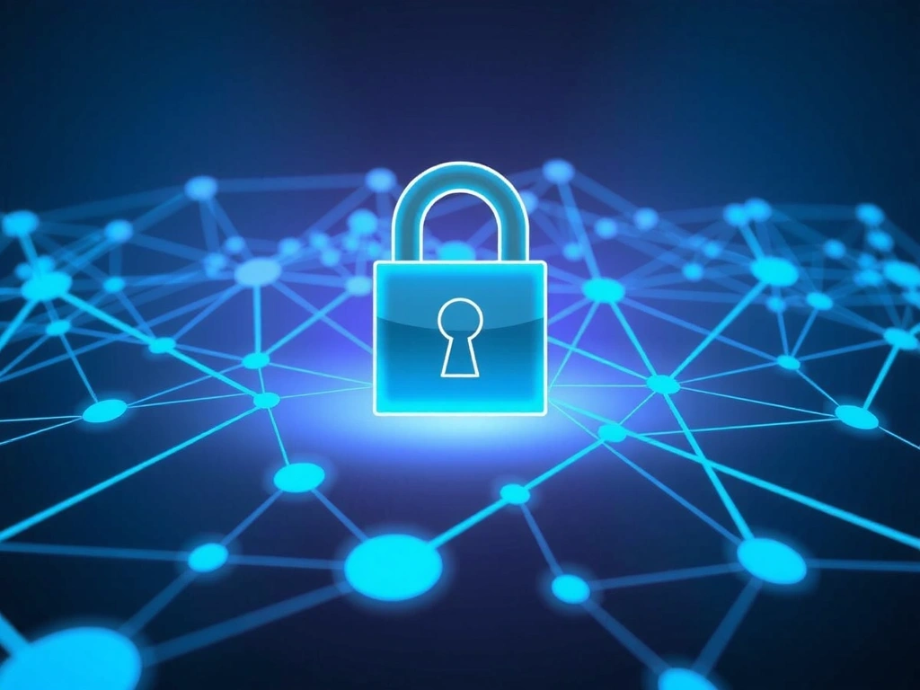 A lock icon over a network of interconnected digital lines, representing data security and privacy protection.