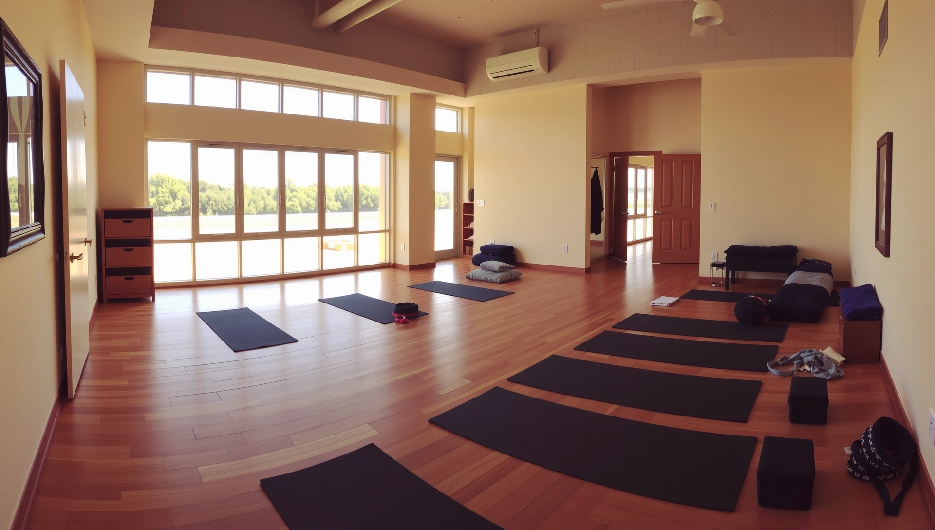 Peaceful yoga studio with soft lighting and a variety of yoga props, ready for a class schedule to be displayed, conveying tranquility and organization